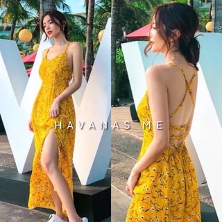 🍋HAVANAS ME🍋 Maxi dress เดรสยาวสายไขว้หลัง พิมพ์ลายดอกเดซี่ เนื้อผ้าใส่สบายมีซับด้านใน เดรสเดินชายหาด เดรสไปทะเล