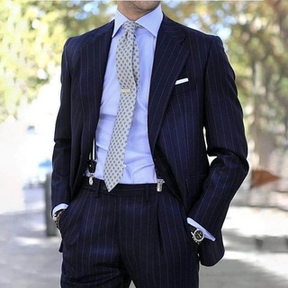 Navy Blue Pinstripe Mens ชุด Slim Fit 2ชิ้นกางเกงชุดชายธุรกิจ Blazer อย่างเป็นทางการเจ้าบ่าว Tuxedo เครื่องแต่งกาย