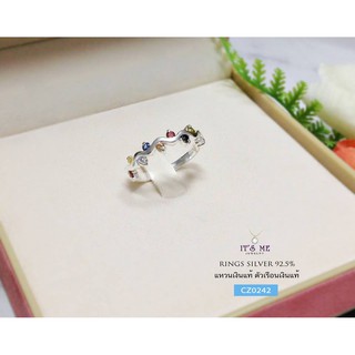 แหวนเงินแท้ ใบมะกอกประดับเพชร cz (Mix สี) พลอยสีทั้งหมด 11 เม็ด / 11 สี งานฝังแบบละเอียด เรือนเงินแท้ : CZ0242