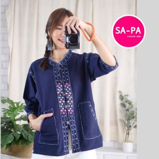 SA-PA FASHION มีอก 38 40 42 44 นิ้ว เสื้อพื้นเมืองผ้าฝ้ายผู้หญิงคอจีนแขนสามส่วน งานปักแฮนด์เมด ล้านนา ผ้าไทย ใหญ่ สาวอวบ