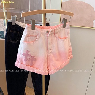 Hot sale 🍁🔥Pink Gradient Cross Denim Shorts Women s 2022 New High Waist Curled Straight Pants