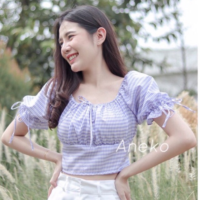 Super Sale 12.12 เสื้อสกอตผูกโบว์สุดน่ารักแขนสั้น