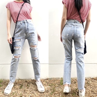 บอยสลิมขาดเซอร์ สียีนส์ฟอกอ่อนเอวสูง มีไซส์ S-6XL เอว 24-42”