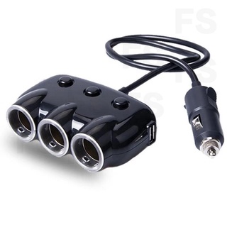 Car Charger ช่องขยายปลั๊ก 3 ช่อง &amp; 2 USB รุ่น 3สวิตซ์หน้าสีดำ