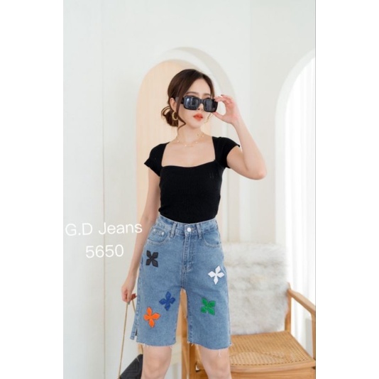 #5650สวยจริงไรจริงกับกางเกงยีนส์ขาสามส่วน(ผ้าไม่ยืด)​ติดหนังหลากสีเก๋มากจร้า