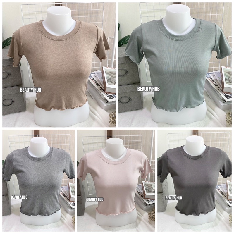 [016] เสื้อครอป คอกลม แขนหยัก ชายเสื้อหยัก ครอปเก๋ ผ้ายืดใส่สบาย ราคา ถูกที่สุด ดีลบีเคเค