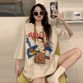 Suxi เสื้อยืดคอกลม แขนสั้น พิมพ์ลายตัวอักษร ทรงหลวม เข้ากับท…