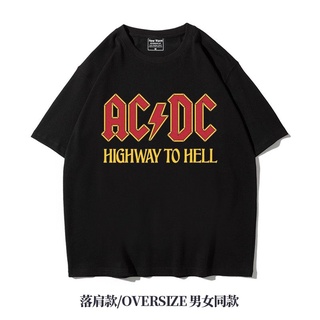 T-shirt  Ami khaki American ins high street five-point sleeves shoulder heavy oversize เสื้อยืดแขนสั้น acdc rock bandS-5