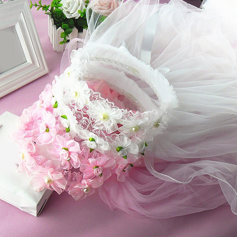 Let* ดอกไม้สาว Veil Headpieces จีบดอกไม้มงกุฎงานแต่งงานแหวน Bearer Veil ยาว Tulle เจ้าสาวงานแต่งงาน 