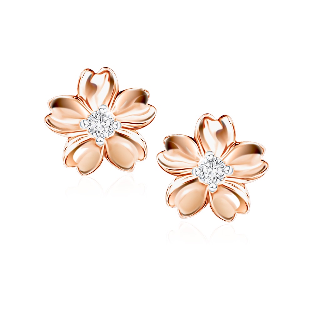 PRIMA ต่างหูเพชรรูปดอกไม้ ( ซากุระ ) ตัวเรือน 9K สี Rose Gold รหัสสินค้า 991E1325-01 จำหน่ายเป็นคู่ (2 ชิ้น)