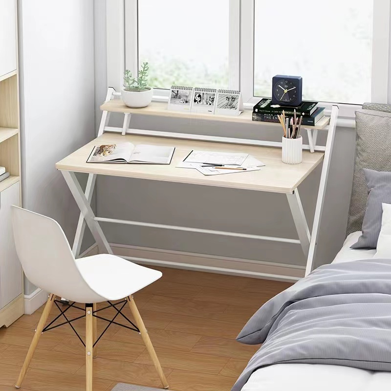 B-017 โต๊ะทำงานไม้ โต๊ะคอมไม้ พร้อมชั้นวางของ พับเก็บได้ โครงเหล็ก 80x50x92.5 cm รับน้ำหนัก 10 kg โต