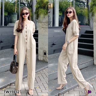 TW15932 Square Neck Jumpsuit จั้มสูทขายาวคอเหลี่ยมแต่งกระดุม งานทรงโอเว่อไซส์ ทรงดีย์มากแม่ เนื้อผ้าลินิน