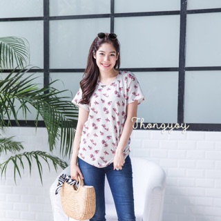 TP154-เสื้อยืดแขนสั้นลายชบาจุด(**ไซส์ใหญ่ขึ้น**)