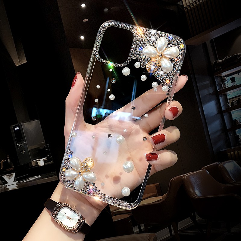 ดอกไม้มุกสําหรับ iPhone 16 15 14 13 12 11 Pro Max Plus 16Plus ปลอกหรูหรา Bling Rhinestone เพชร Handmade เคสโทรศัพท์ฝาครอบ