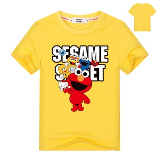 เสื้อยืดแขนสั้นเด็กผู้ชาย Sesame Street Cotton Elmo ของกราฟิคเสื้อผ้า