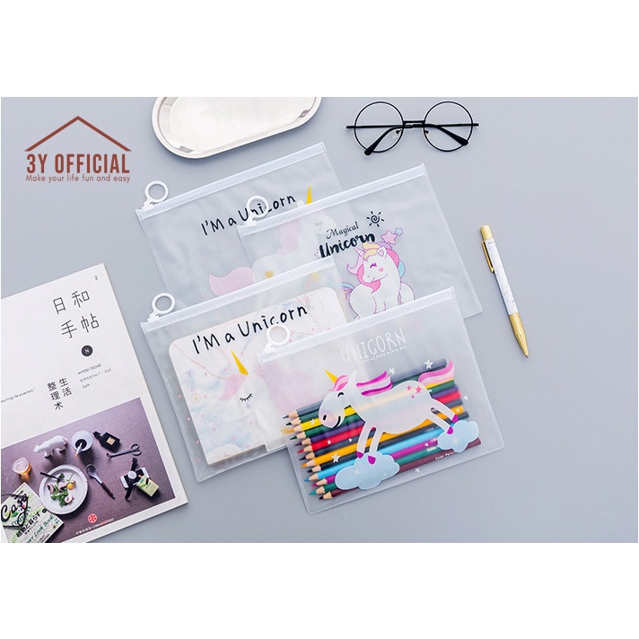 3Y Unicorn Zipper Bag - Unicorn Motif Ziplock Pencil Case - โฟลเดอร์แฟ้ม Unicorn Motif A5