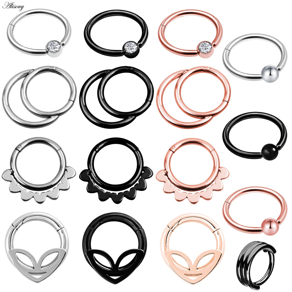 Alisouy 1PC 6 รูปแบบสองชั้นเหล็ก Clicker Segment จมูก Hoop แหวนบานพับหูจมูก Septum เจาะผู้หญิงผู้ชายเครื่องประดับ Ombligo