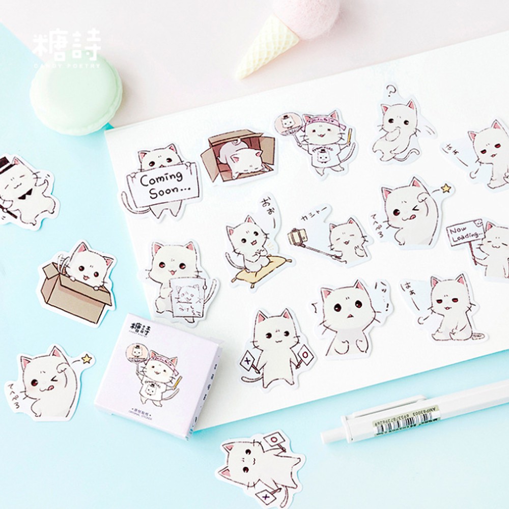 สติกเกอร์กล่อง แมวขาวมณี 45 ชิ้น Khao Manee Cat DIY Sticker Stickers Box สติ๊กเกอร์ ไดคัท mimisplan