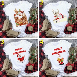 ⚡️ พร้อมส่ง⚡️ Fashion Women T-Shirt Warm Wishes New Year Merry Tee Shirt Christmas Graphic T Shirt Female Tees