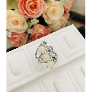 แหวนเงินแท้ พลอยแท้ โอปอล โทพาส และ เพทาย Sterling Silver Ring with Opal, London blue Topaz and White Zircon