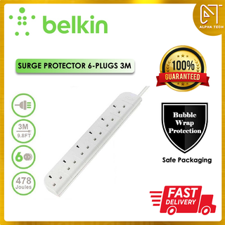 Belkin F9E600SA3M ซ็อกเก็ตขยาย พร้อมตัวป้องกันไฟกระชาก กระแสไฟสูงสุด 13,000 แอมป์