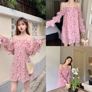 ชุดเดรส‼️ BEST SELLER REPEAT งานนำเข้าพร้อมส่งจ้า Pinky Floral Dress มินิเดรสสีชมพูสุดคิวท์ ผ้าชีฟองพิมพ์