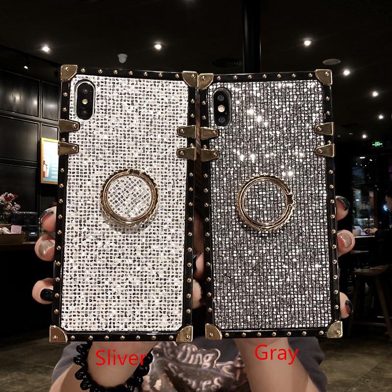 For Xiaomi Mi POCO M4 Redmi 9C 9A 9T 10C 10A Note8 Note9 Note10 Pro Note9S Note10S Glitter Square Phone Case With Finger Bracket