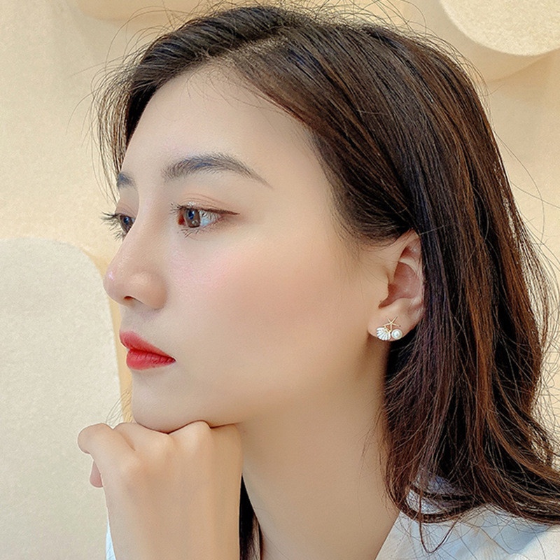 ต่างหูสตั๊ด รูปเปลือกหอย ปลาดาว ประดับไข่มุกเทียม น่ารัก สร้างสรรค์ เครื่องประดับ สําหรับผู้หญิง งานแต่งงาน