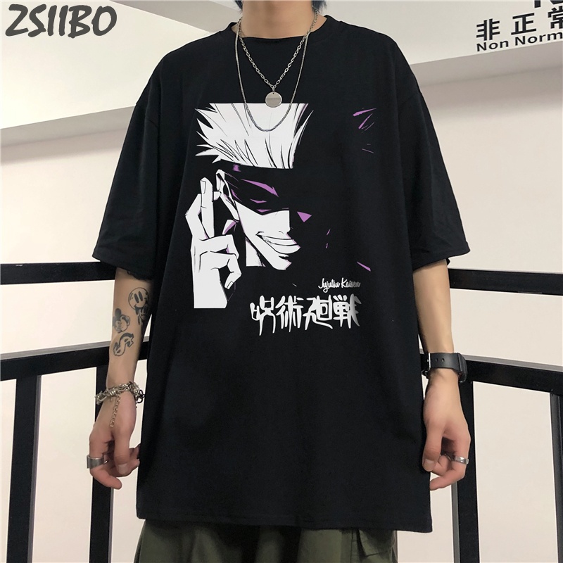 【ผ้าฝ้ายแท้】ผ้าฝ้าย 100%เสื้อยืดลําลองสําหรับ Unisex ผ้าฝ้ายแขนสั้นพิมพ์ลายการ์ตูน Jujutsu Kaisen Gojo SatoruS-5XL