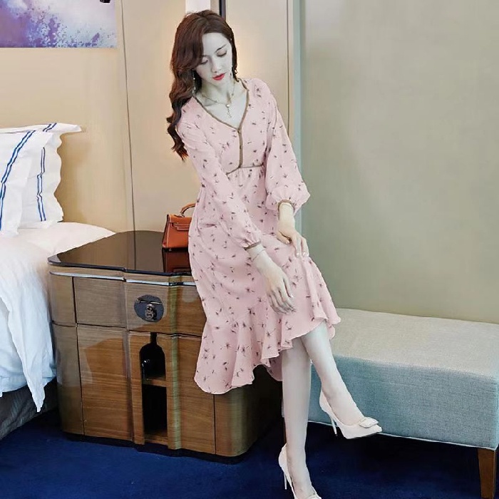 2021 autumn new popular floral dress Womens Korean Style Elegant V-Neck ...