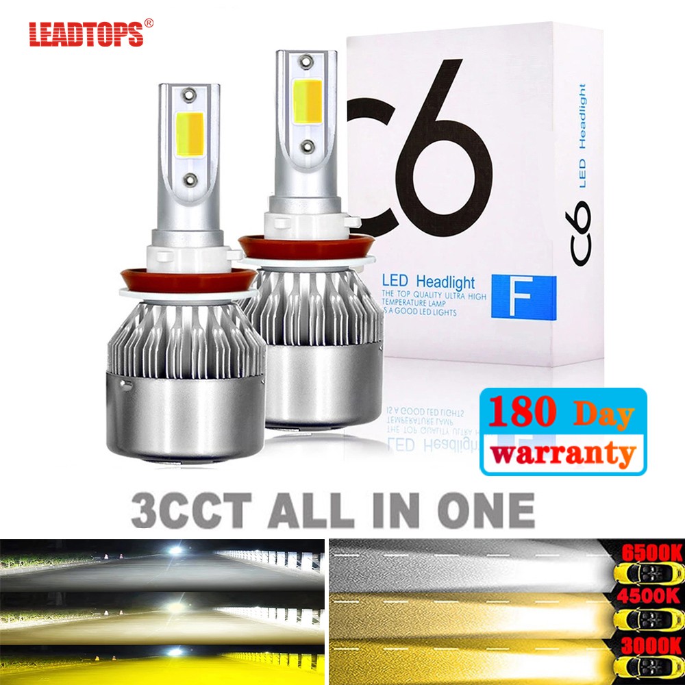 LEADTOPS 2 ชิ้น 2 หลอดไฟหน้ารถ LED H1 H3 H4 H7 H8 H11 HB3 HB4 หลอดไฟ C6 อัตโนมัติ 8000LM 12000K 2-in