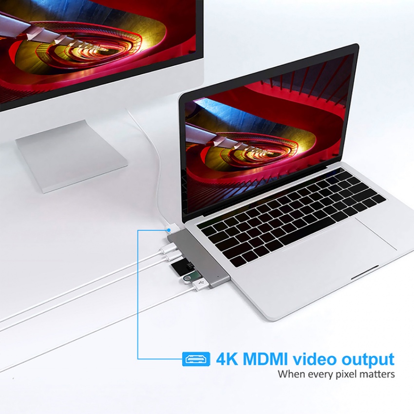 อะแดปเตอร์ฮับ USB Type C 7 in 1 สําหรับ MacBook Pro พร้อมการ์ดรีดเดอร์ 4K HDMI USB C USB3.0 SD MicroSD - รูปที่ 7