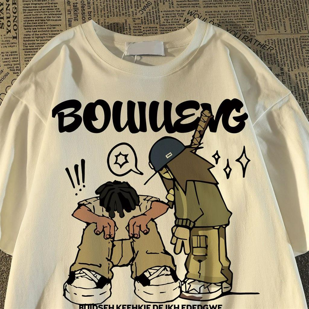 American Retro การ์ตูนผ้าฝ้ายแขนสั้นเสื้อยืดผู้หญิงผู้ชายฤดูร้อนหลวม 2024 ใหม่ oversize ครึ่งแขน ins