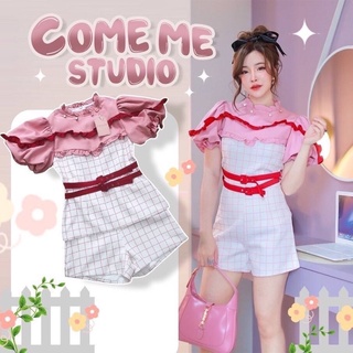 Set2ชิ้น เสื้อ+กางเกง ลายสก็อตชมพูตัดขาว งานน่ารัก มีS-2xl ป้ายCome me studio