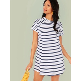 พร้อมส่ง SHEIN Curved Hem Raglan Sleeve Striped Dress