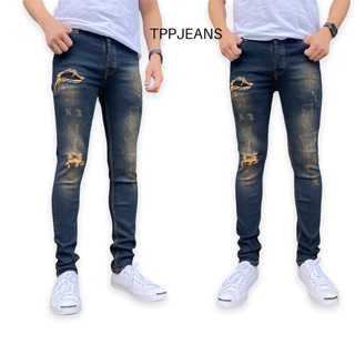 JEANSEXPRESS Skinny Mens กางเกงยีนส์ชายสีบลูฟอกสนิม แต่งขาด ทรงสกินนี่ เป้ากระดุม Size 26-36 รับชำระปลายทาง