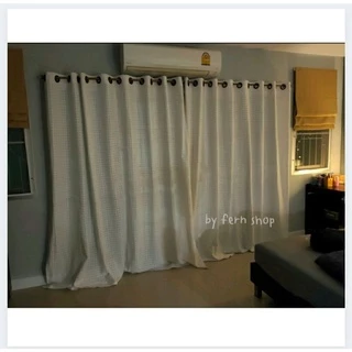 ผ้าม่านผ้าฝ้าย สไตล์มินิมอล ลายตารางสีขาวนวล กว้าง110cm สูง220cm ผ้าม่านหน้าต่าง ผ้าม่านประตู ม่านตาไก่สีขาว(สั่งตัดได้)
