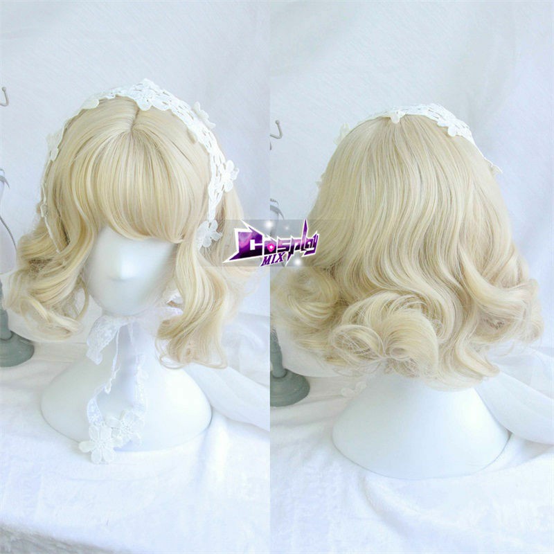 30cm Light Blonde Short Curly Hair Lolita Girls Heat Resistant
