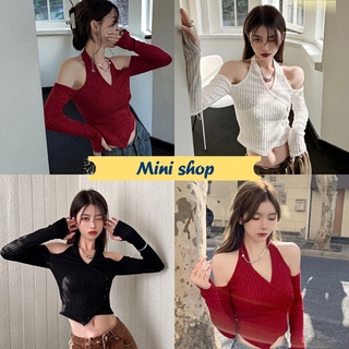 Mini shop🌸พร้อมส่ง🌸(37015) เสื้อเปิดไหล่ไหมพรมแขนยาว ผ้าร่องใส่สบายสุดเซ็กซี่