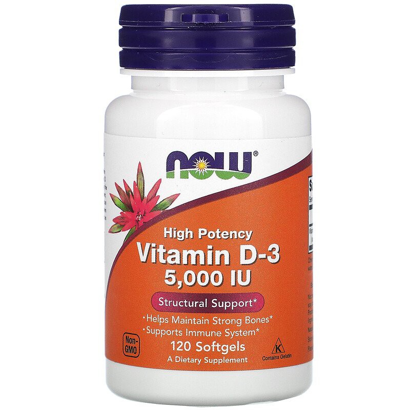 วิตามินดี3 , Now Foods, High Potency Vitamin D3 , D 3 , 5,000 IU, 120 Softgels expire 08/2027