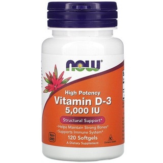 วิตามินดี3 , Now Foods, High Potency Vitamin D3 , D 3 , 5,000 IU, 120 Softgels