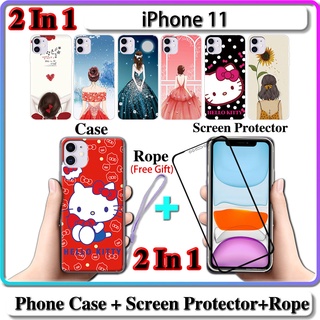 2 IN 1 เคส iPhone 11 เคส พร้อมกระจกนิรภัยโค้ง ป้องกันหน้าจอเซรามิค สําหรับเด็กผู้หญิง และคิตตี้