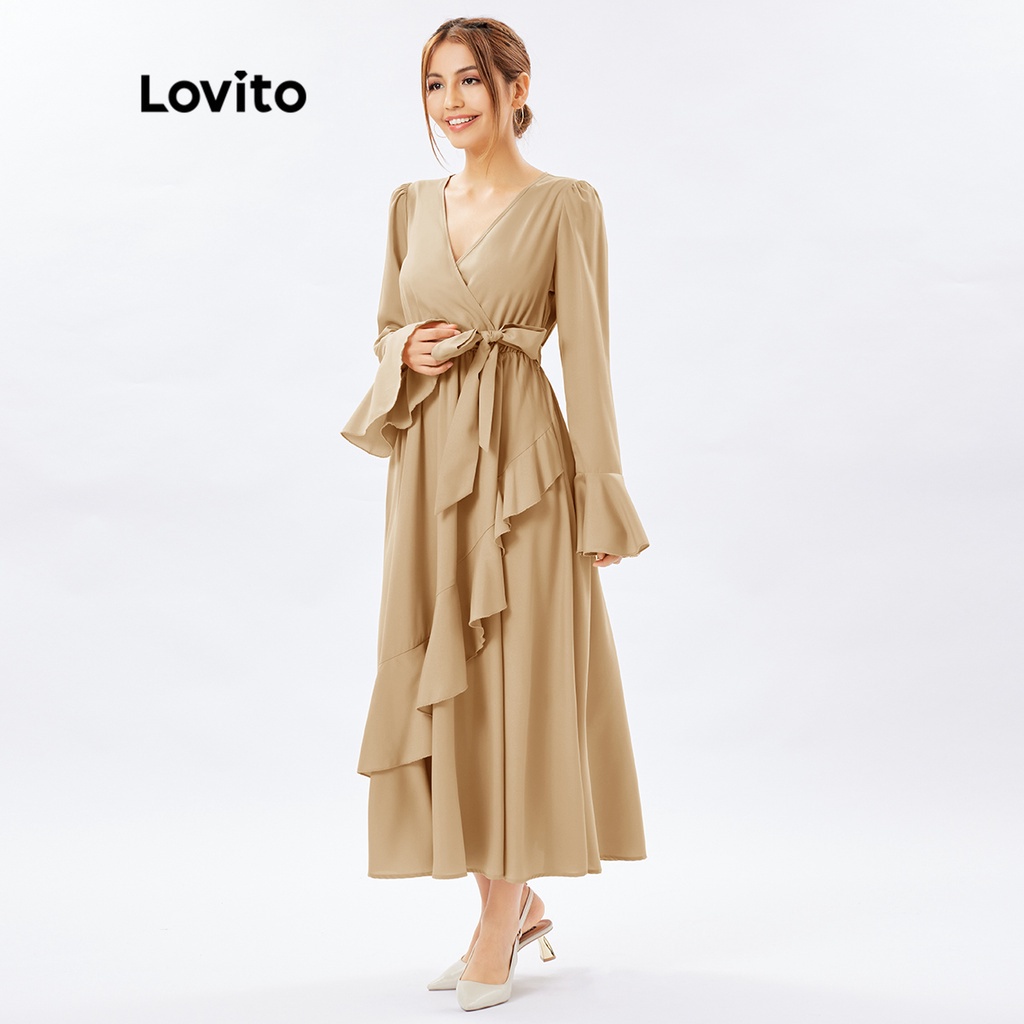 ชุดเดรส Iou Lovito แต่งระบายสีทึบหรูหราและระบาย L26ED050 (สีแอปริคอท)