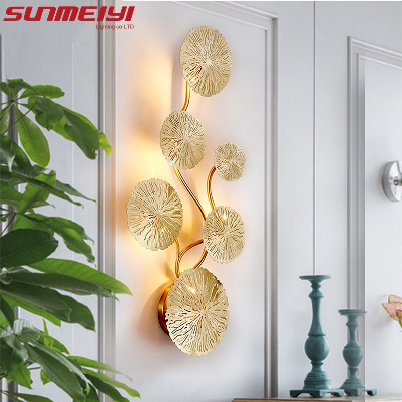 Sunmeyi Lotus Leaf Art โคมไฟติดผนังสแตนเลสทองโลหะหรูหรา LED สําหรับห้องนั่งเล่น