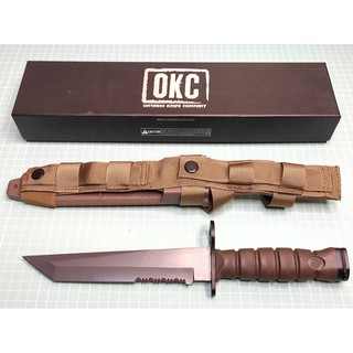 มีดใบตาย มีดทหาร รุ่น M10 OKC3S ยี่ห้อ OKC Ontario งานสำเนาจีน ใบเงิน รุ่นทรงใบปลายตัด ด้ามและซองสีน้ำตาล ทรงสวย ซองสวย