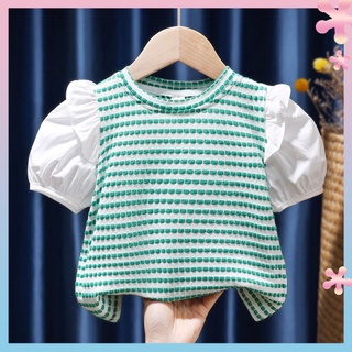 2022 summer Korean childrens bubble sleeve girls base shirt striped T-shirt air cotton long sleeve baby half sleeve t-shirt