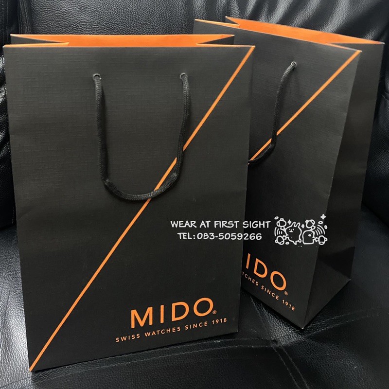 ถุง MIDO ถุงกระดาษ มิโด้ แท้ ขนาด 22x32 - สีดำ/ส้ม , ผ้าเช็ดนาฬิกา MIDO