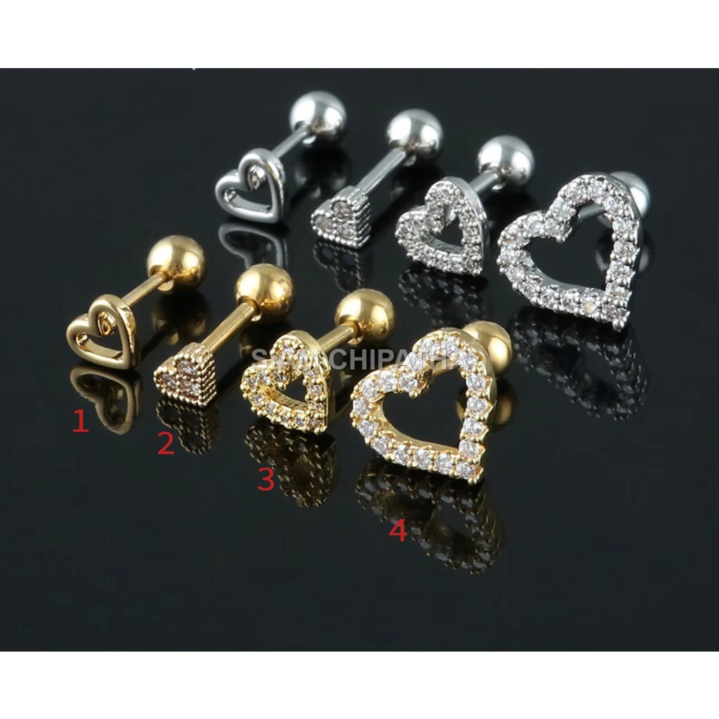 ⭐ จิวหูเกาหลี รูปหัวใจ, 4 สไตล์⭐  - 1 ข้าง  | H4S (M.S)|  Heart shape studs for men women korean jewelry - 1 Piece