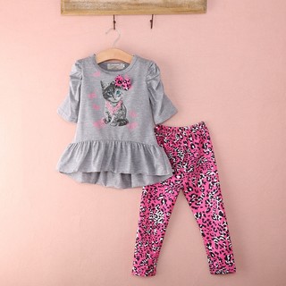 A.E-2pcs เด็กผู้หญิงเด็ก Cat เสื้อ Tops + Leopard กางเกง Leggings Outfits เสื้อผ้า 2-7Y