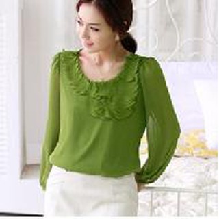 STYLEONME เสื้อชีฟอง สีเขียว แขนพุ่ม มีซับใน สวยแบบหวานหวาน